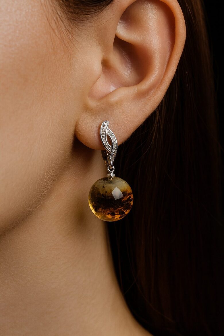 Round Baltic Amber Earrings with Moss Inclusions | Nature's Beauty