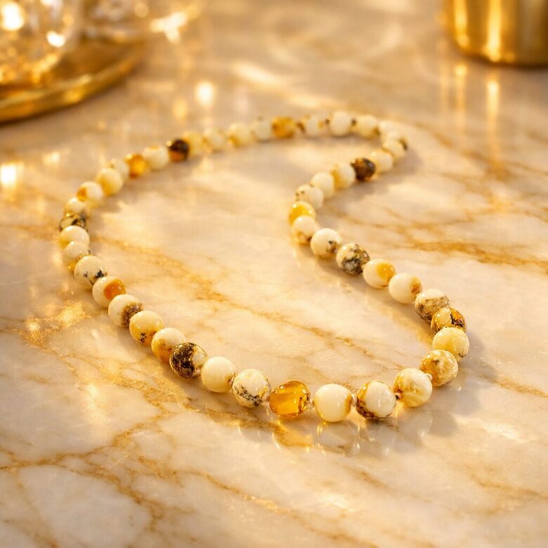 Matte and Quail Baltic Amber Necklace “Dance of Mist”