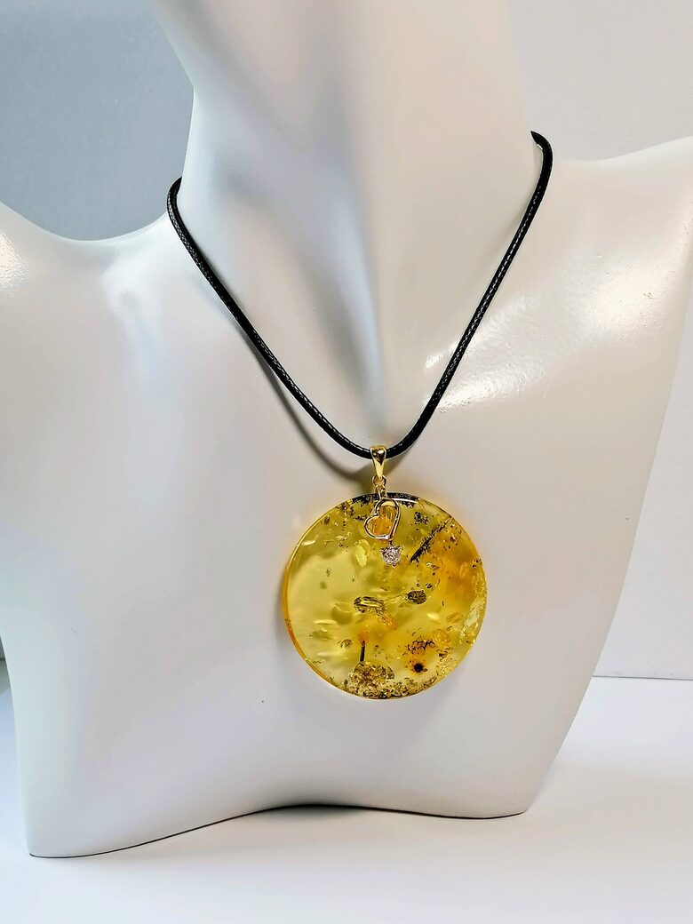 Round Baltic Amber Pendant with Moss, Mica & Heart Detail