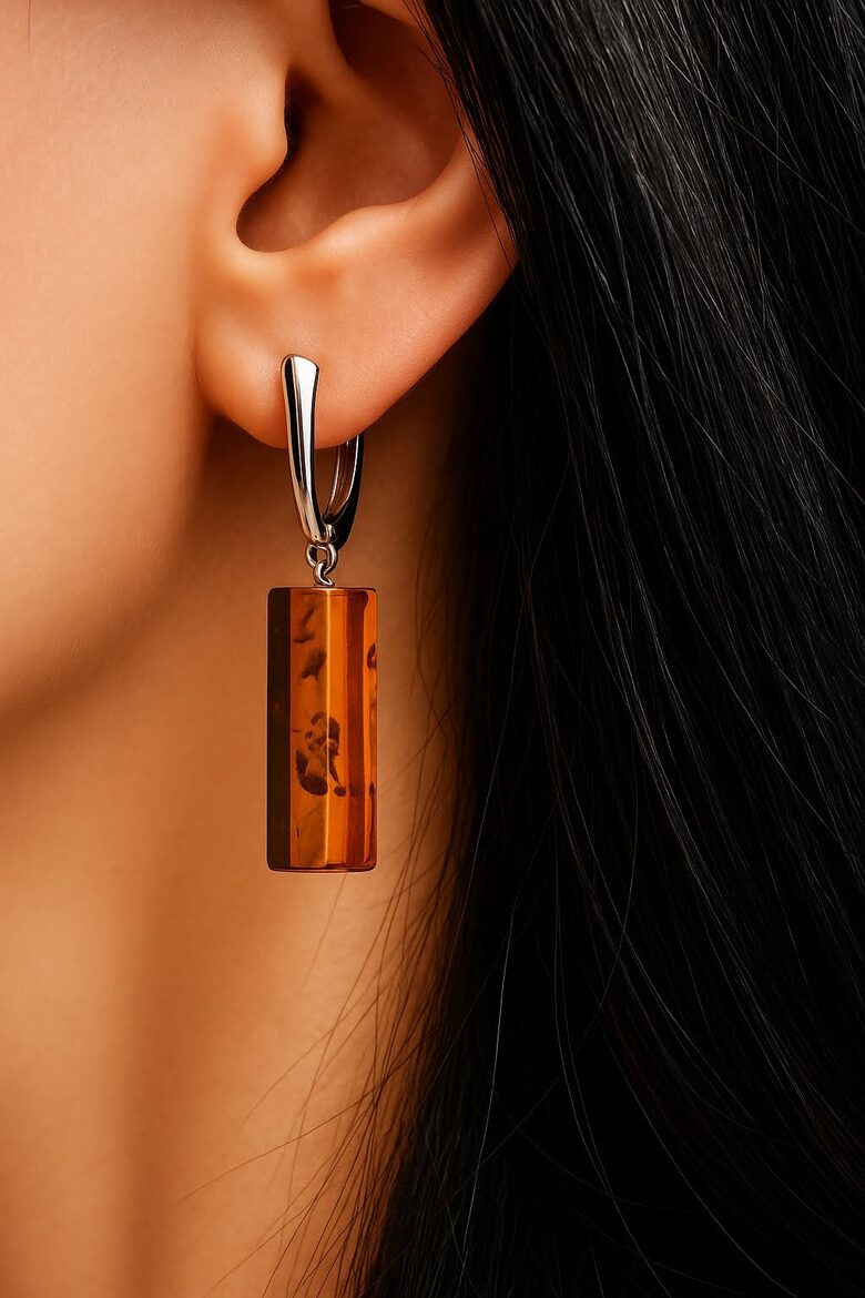 Cognac Long Rectangular Baltic Amber Earrings