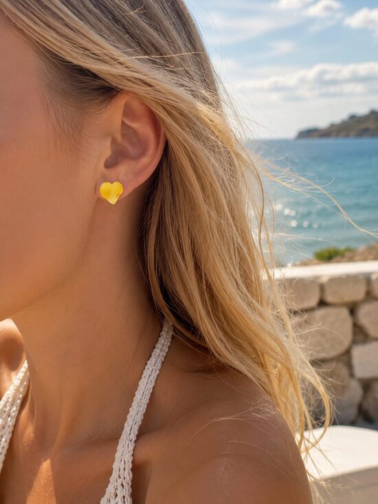 Matte & Smoky Baltic Amber Heart-Shaped Stud Earrings
