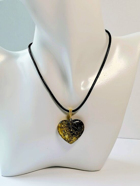 Heart-Shaped Amber Pendant with Moss and Mica | Unique Baltic Amber Jewelry